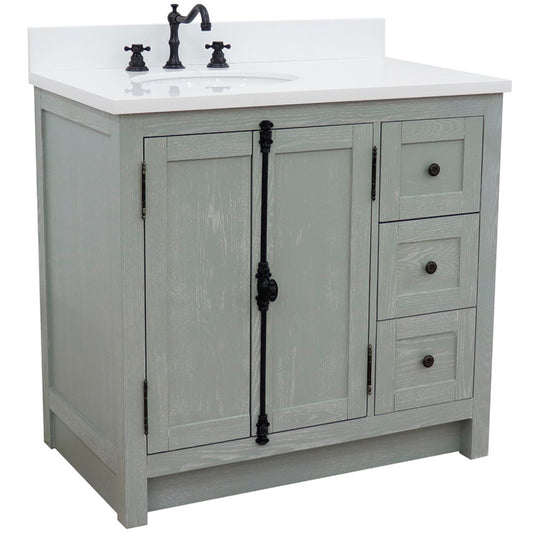 37 in. Single Vanity in Gray Ash Finish with White Quartz Top and Oval Sink - Left Doors/Left Sink, Plantation Collection