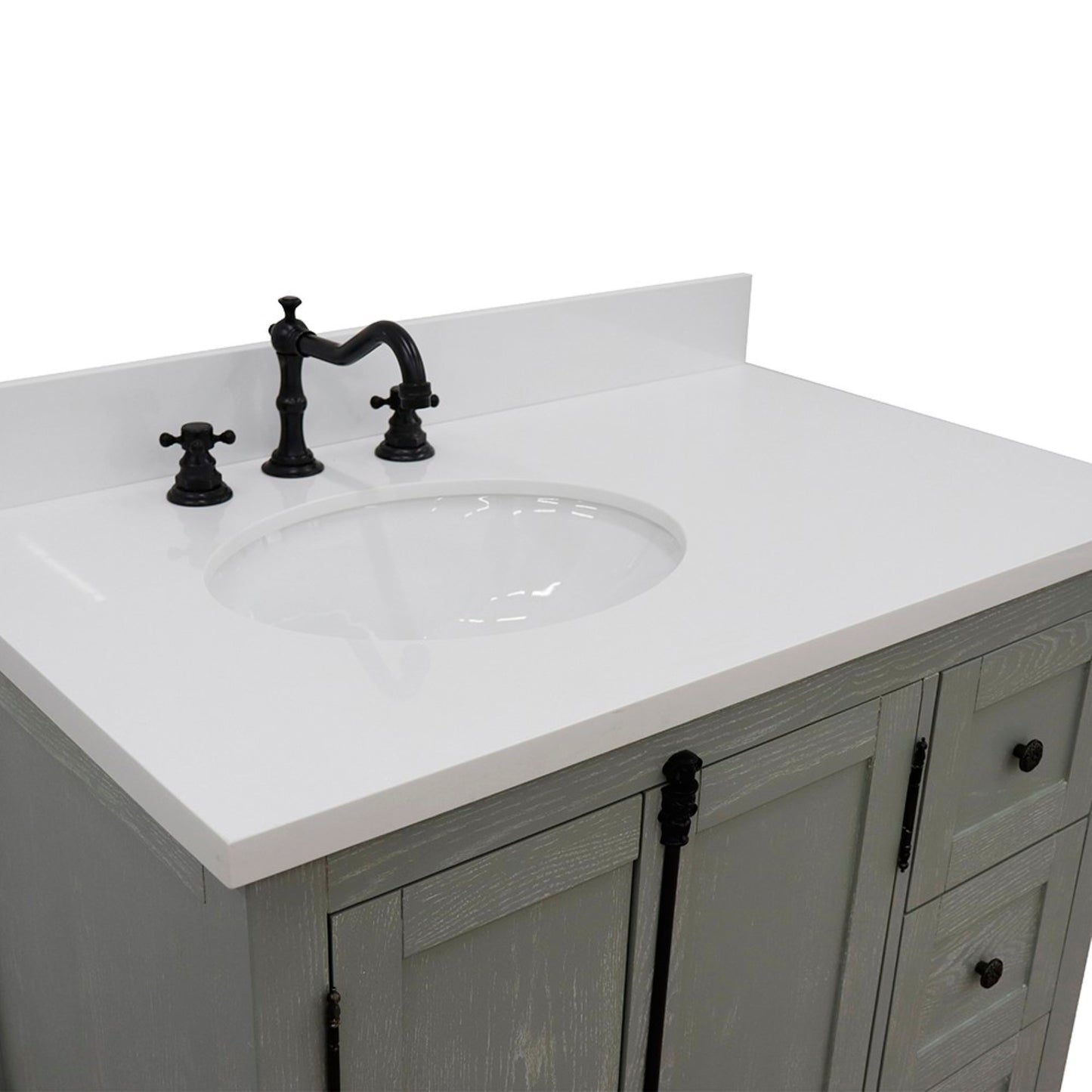 37 in. Single Vanity in Gray Ash Finish with White Quartz Top and Oval Sink - Left Doors/Left Sink, Plantation Collection