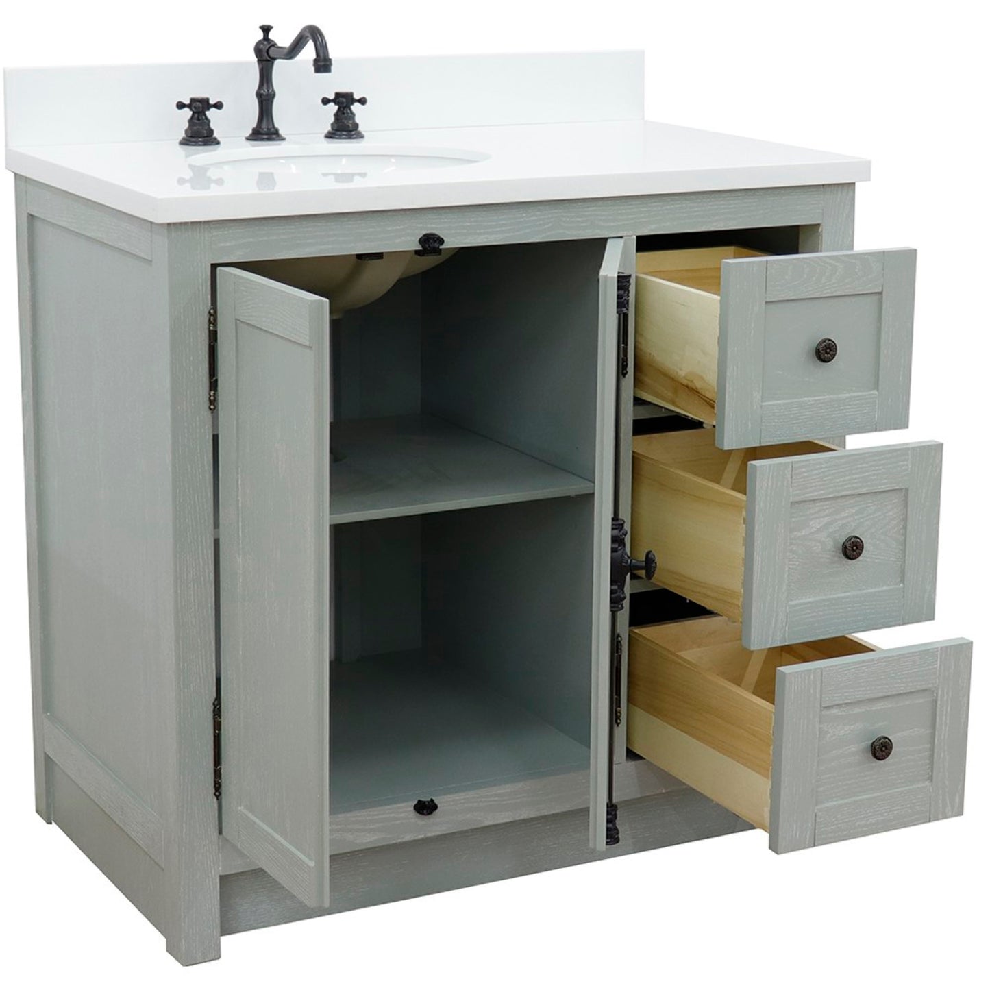 37 in. Single Vanity in Gray Ash Finish with White Quartz Top and Oval Sink - Left Doors/Left Sink, Plantation Collection