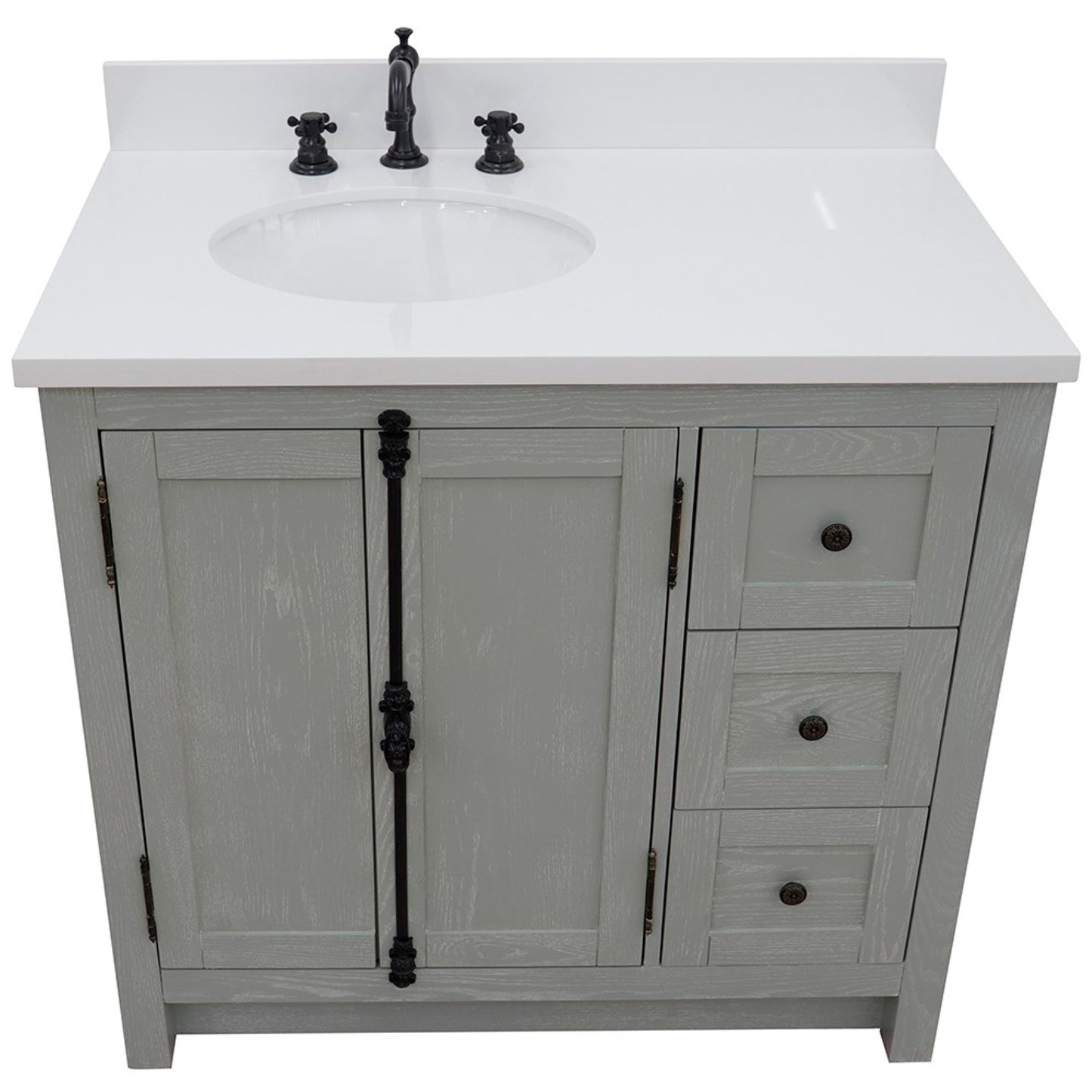 37 in. Single Vanity in Gray Ash Finish with White Quartz Top and Oval Sink - Left Doors/Left Sink, Plantation Collection