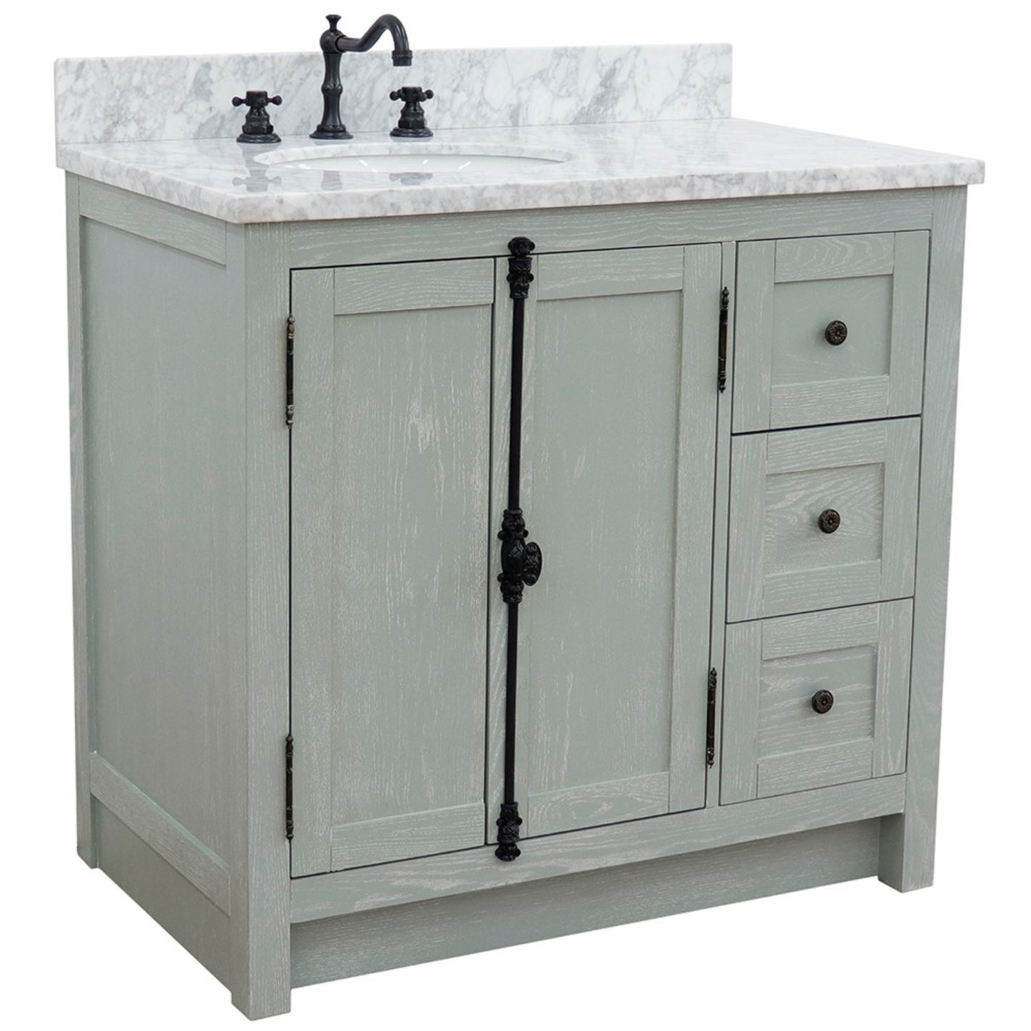 37 in. Single Vanity in Gray Ash Finish with White Carrara Top and Oval Sink - Left Doors/Left Sink, Plantation Collection