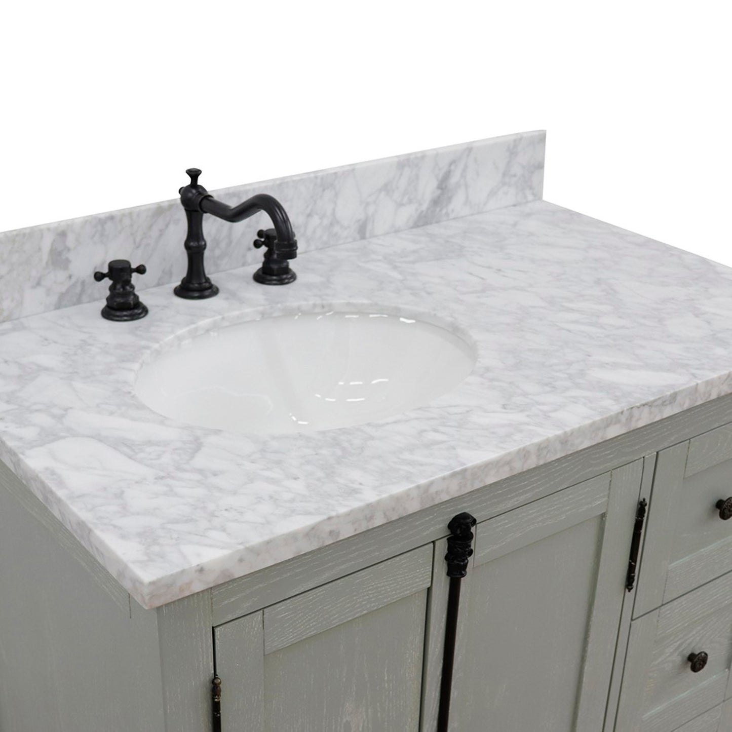 37 in. Single Vanity in Gray Ash Finish with White Carrara Top and Oval Sink - Left Doors/Left Sink, Plantation Collection