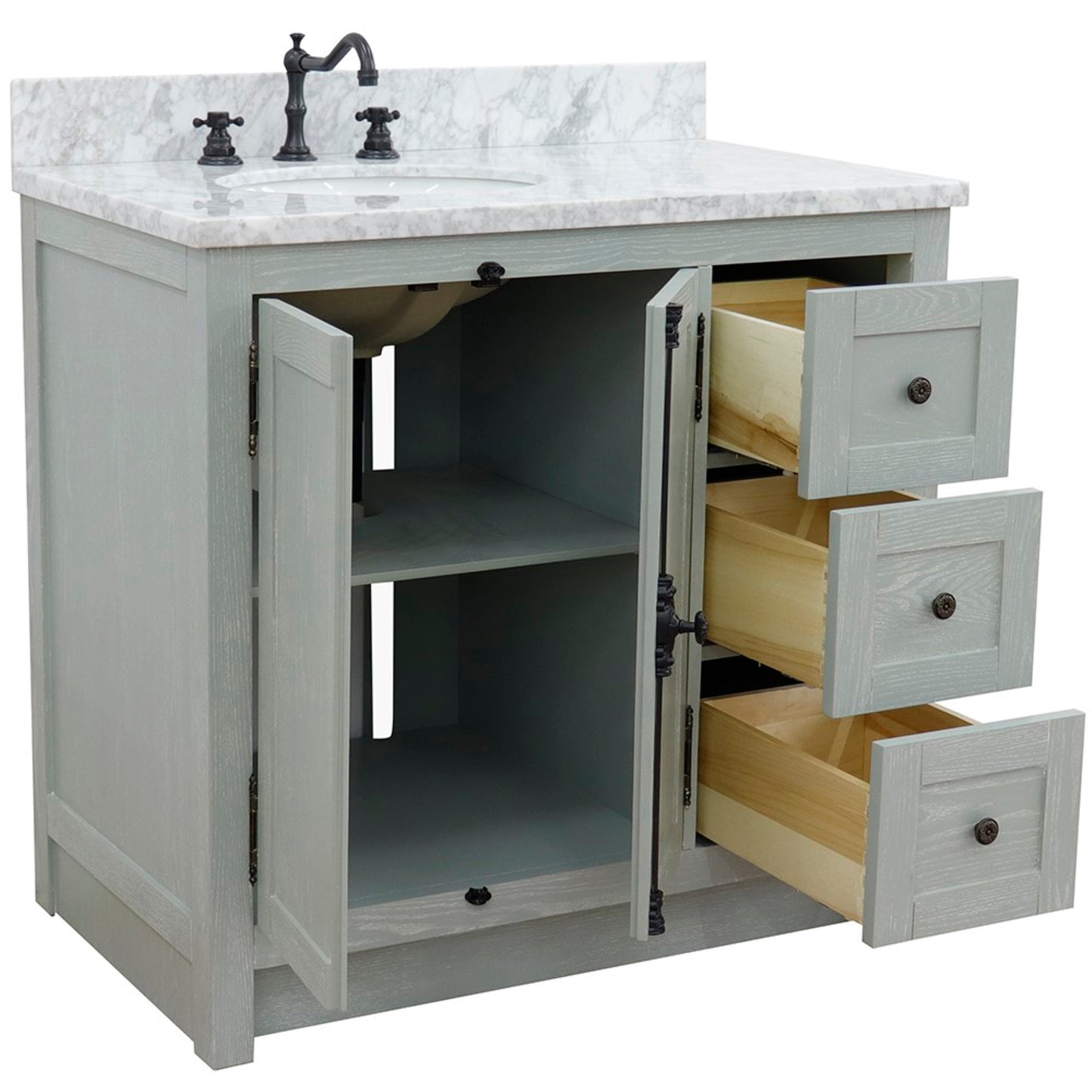 37 in. Single Vanity in Gray Ash Finish with White Carrara Top and Oval Sink - Left Doors/Left Sink, Plantation Collection