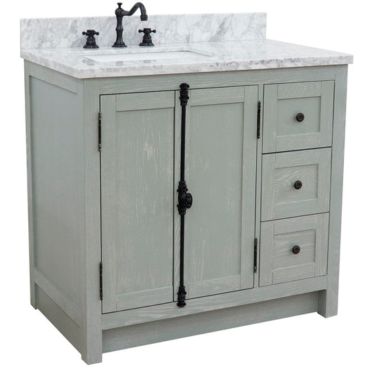 37 in. Single Vanity in Gray Ash Finish with White Carrara Top and Rectangle Sink - Left Doors/Left Sink, Plantation Collection