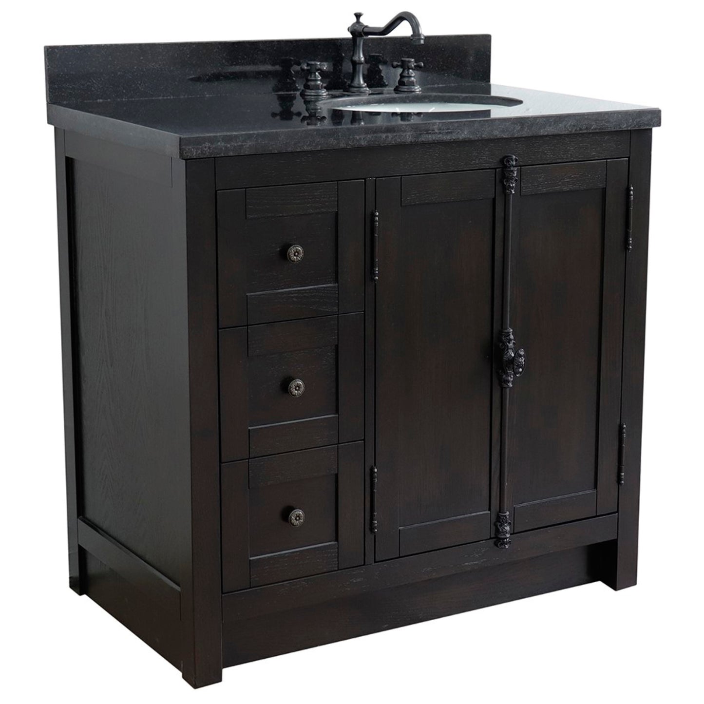 37 in. Single Vanity in Brown Ash Finish with Black Galaxy Top and Oval Sink - Right Doors/Right Sink, Plantation Collection