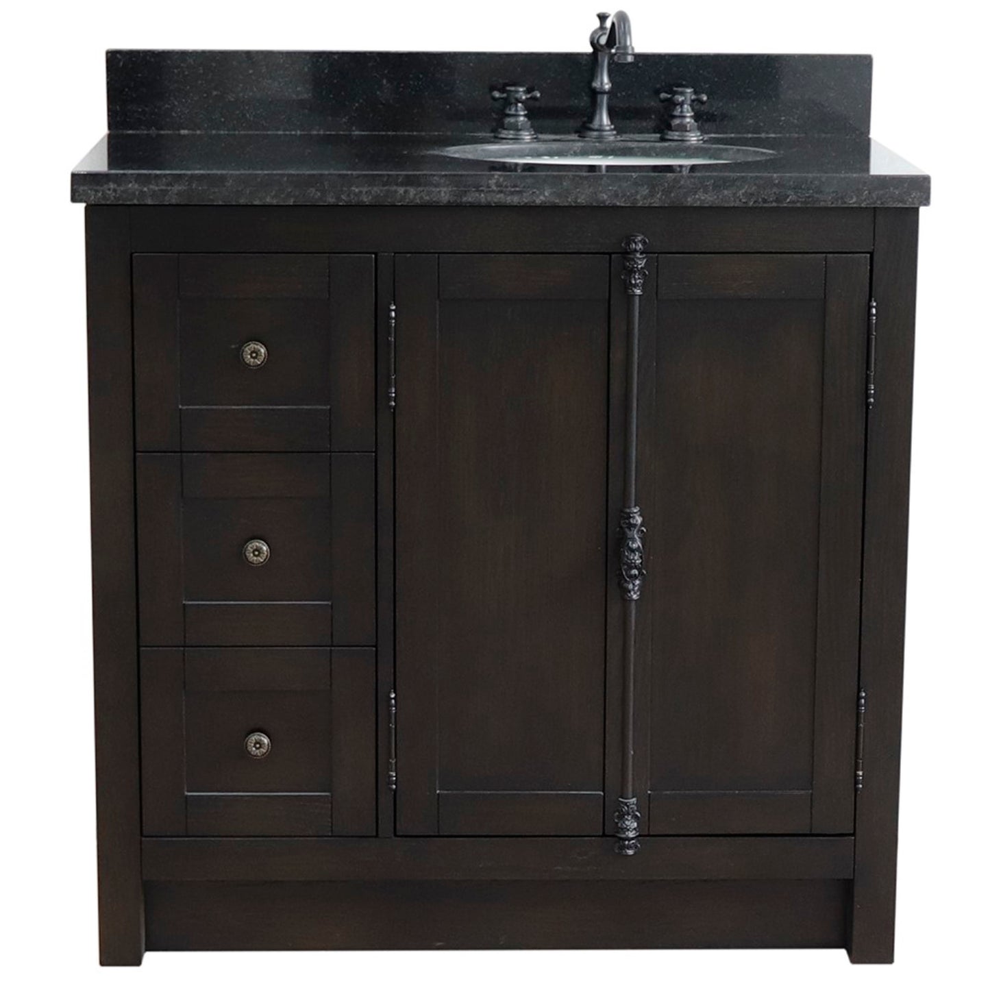 37 in. Single Vanity in Brown Ash Finish with Black Galaxy Top and Oval Sink - Right Doors/Right Sink, Plantation Collection