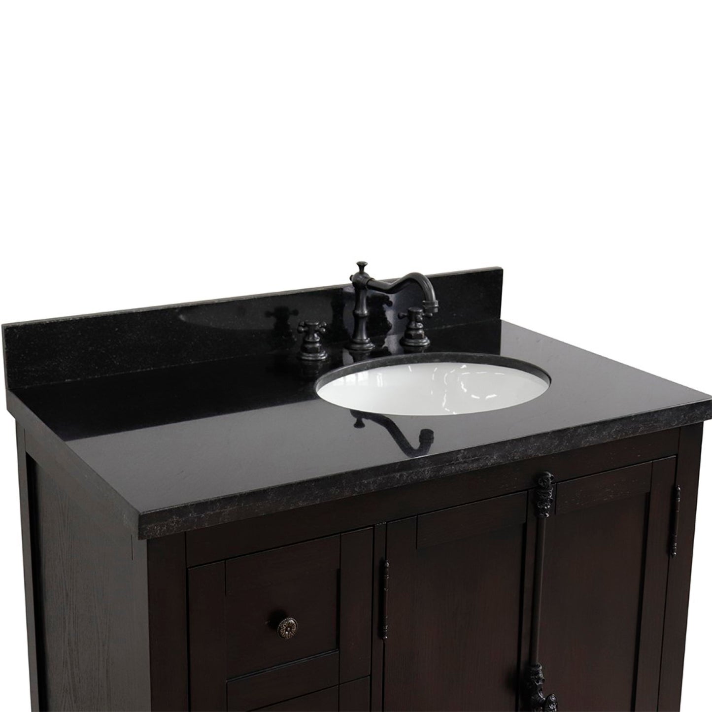 37 in. Single Vanity in Brown Ash Finish with Black Galaxy Top and Oval Sink - Right Doors/Right Sink, Plantation Collection