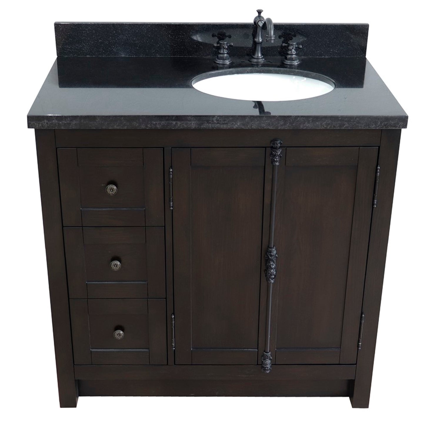 37 in. Single Vanity in Brown Ash Finish with Black Galaxy Top and Oval Sink - Right Doors/Right Sink, Plantation Collection