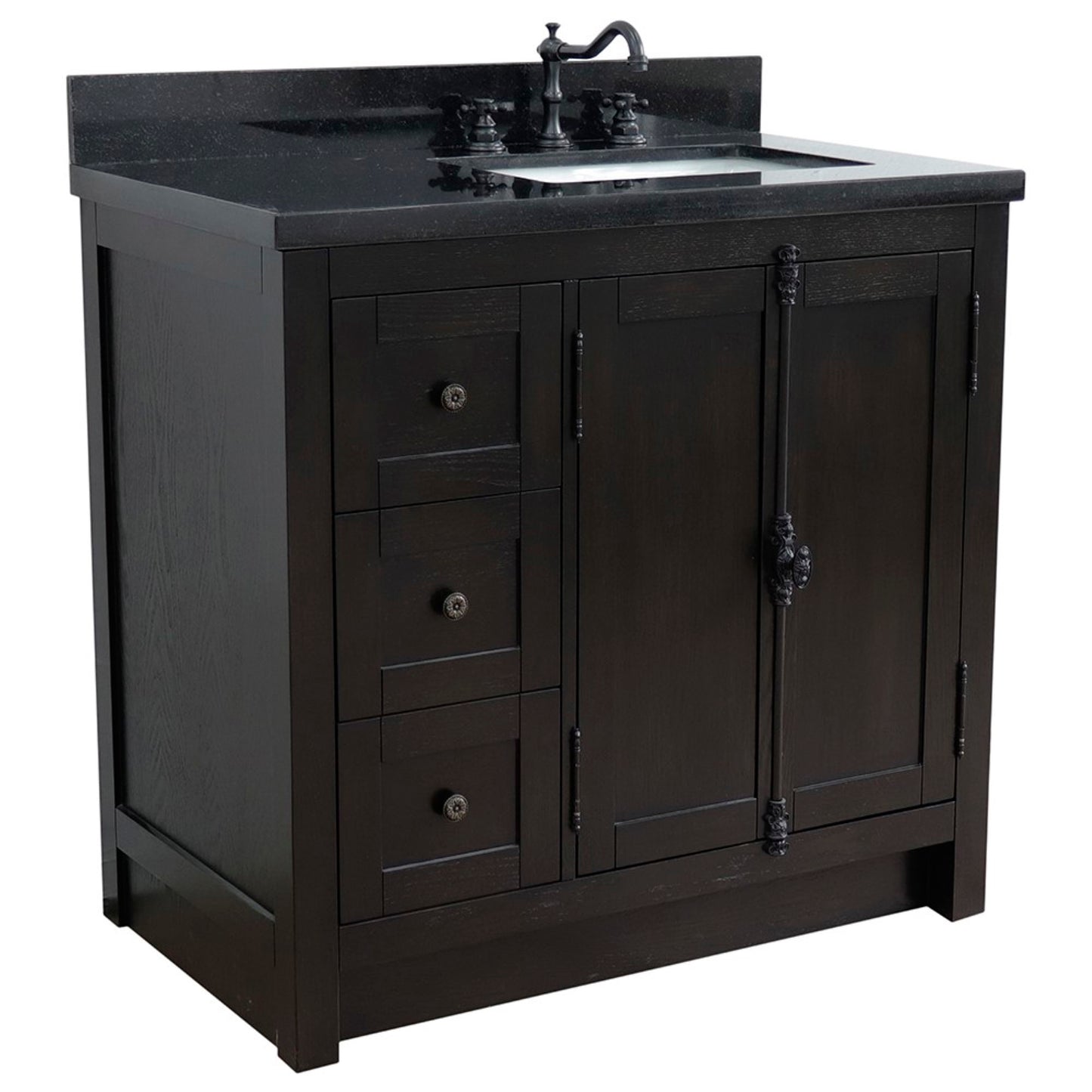 37 in. Single Vanity in Brown Ash Finish with Black Galaxy Top and Rectangle Sink - Right Doors/Right Sink, Plantation Collection