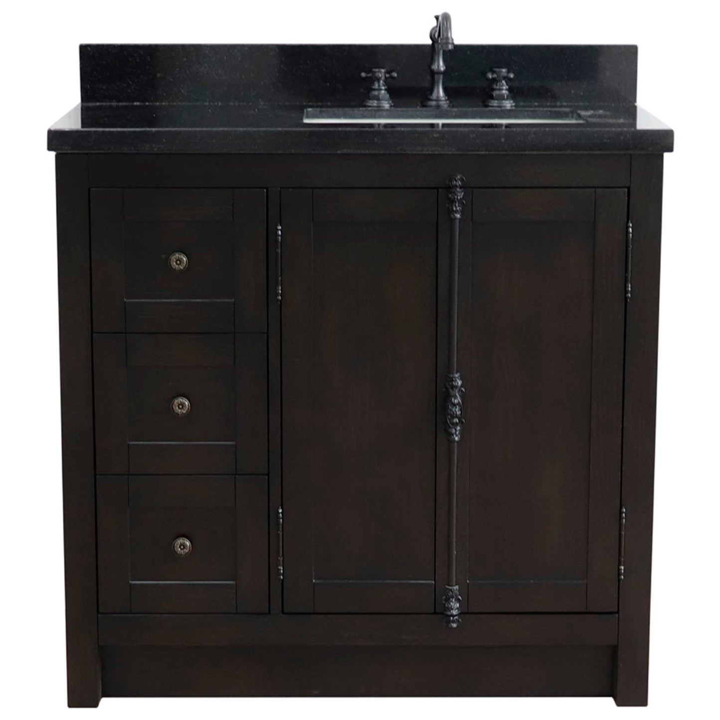 37 in. Single Vanity in Brown Ash Finish with Black Galaxy Top and Rectangle Sink - Right Doors/Right Sink, Plantation Collection