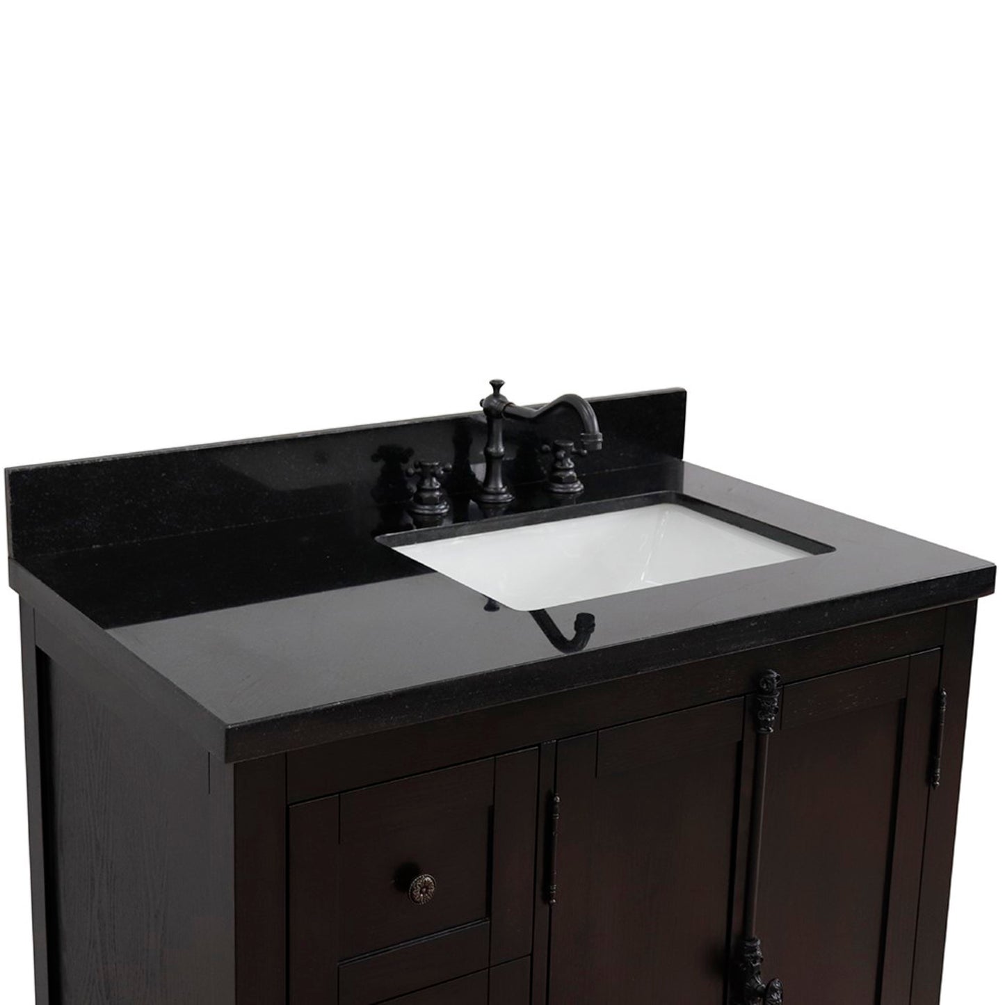 37 in. Single Vanity in Brown Ash Finish with Black Galaxy Top and Rectangle Sink - Right Doors/Right Sink, Plantation Collection