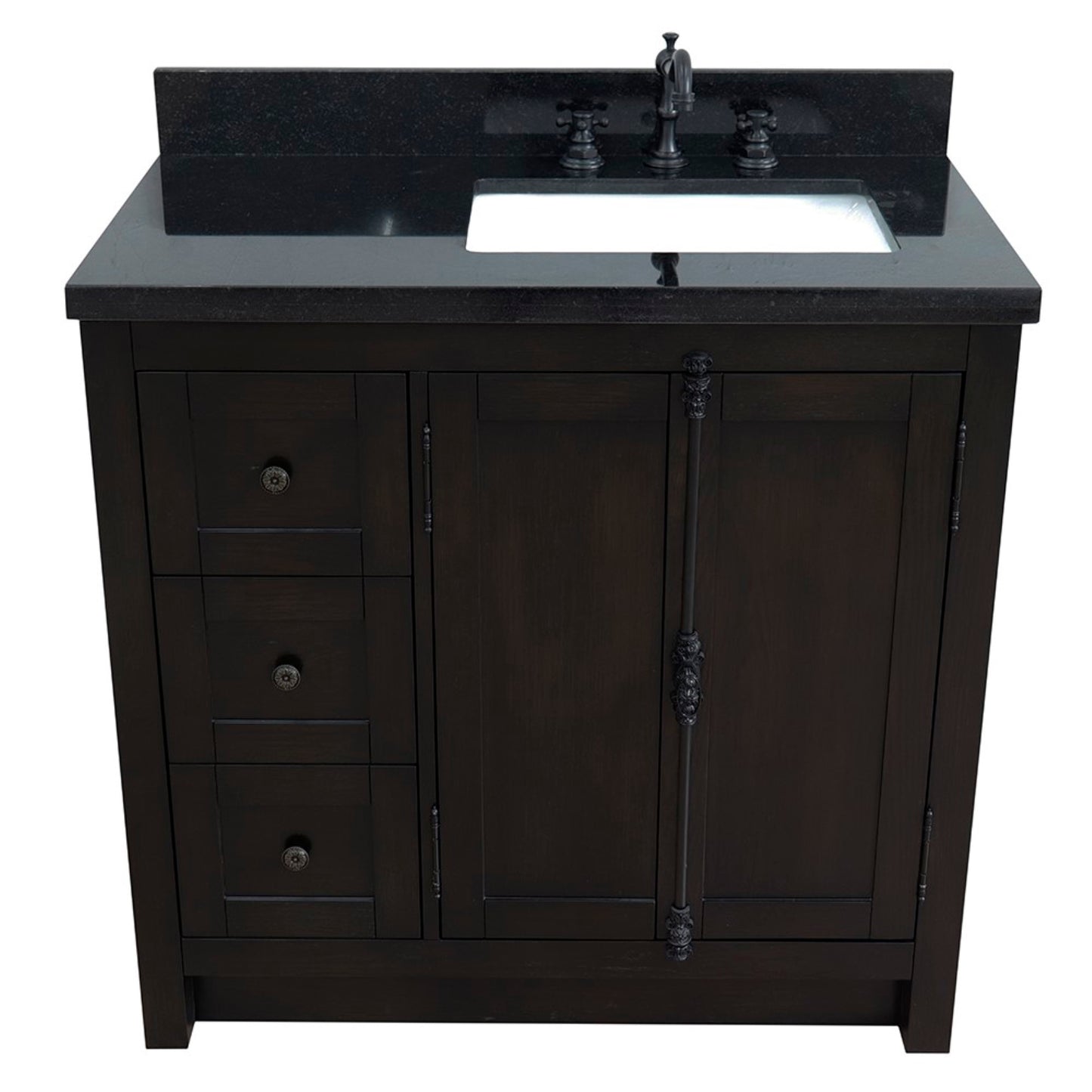 37 in. Single Vanity in Brown Ash Finish with Black Galaxy Top and Rectangle Sink - Right Doors/Right Sink, Plantation Collection