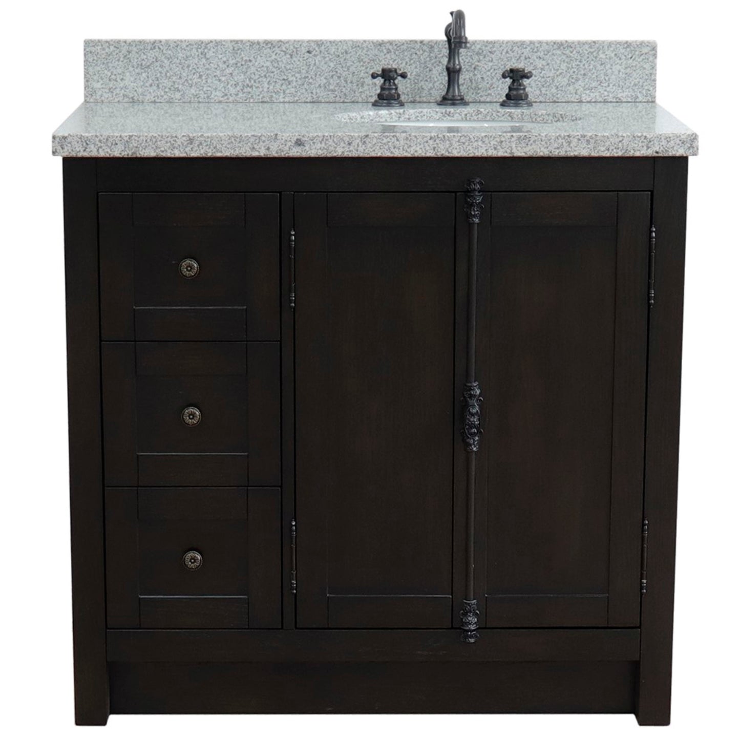 37 in. Single Vanity in Brown Ash Finish with Gray Granite Top and Oval Sink - Right Doors/Right Sink, Plantation Collection