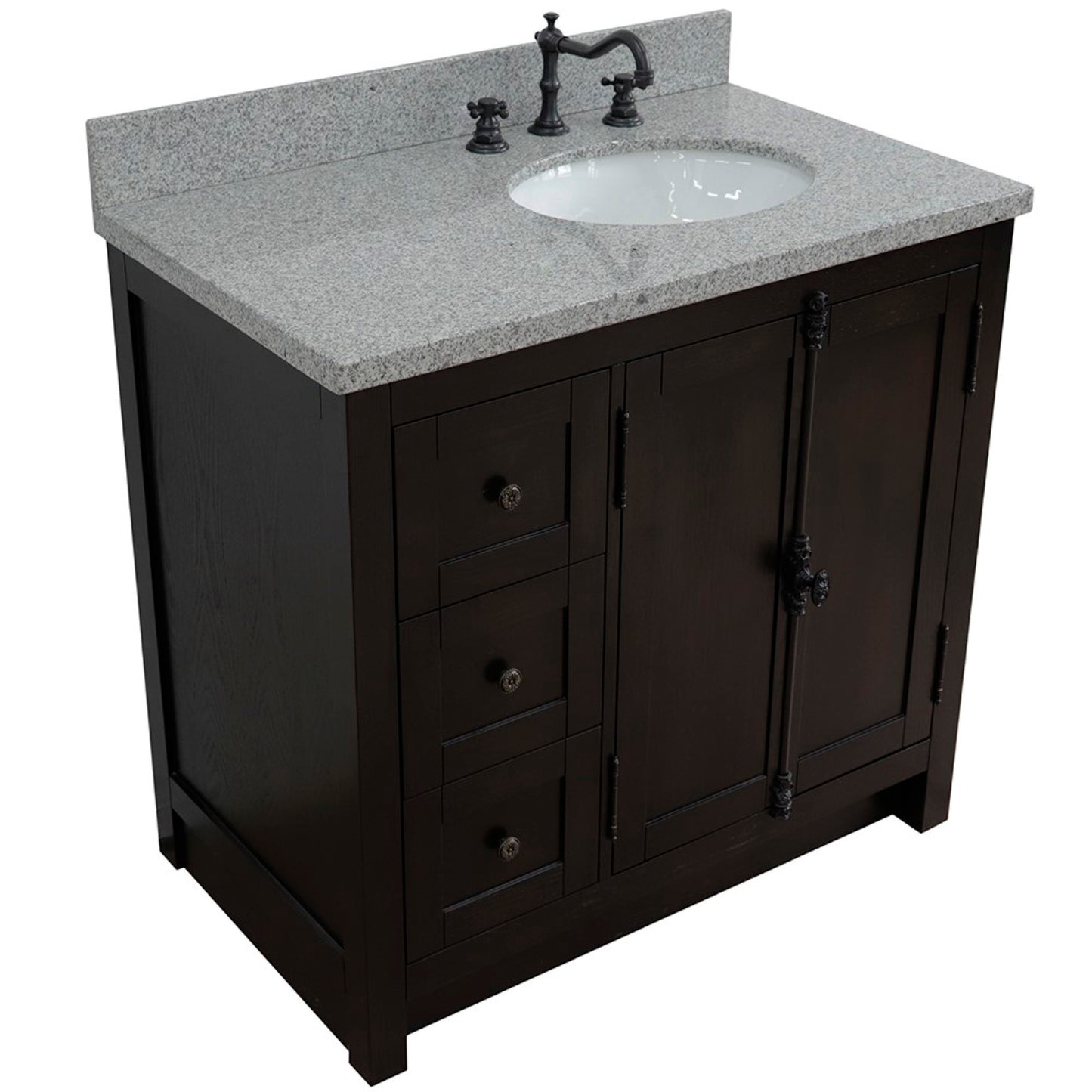 37 in. Single Vanity in Brown Ash Finish with Gray Granite Top and Oval Sink - Right Doors/Right Sink, Plantation Collection