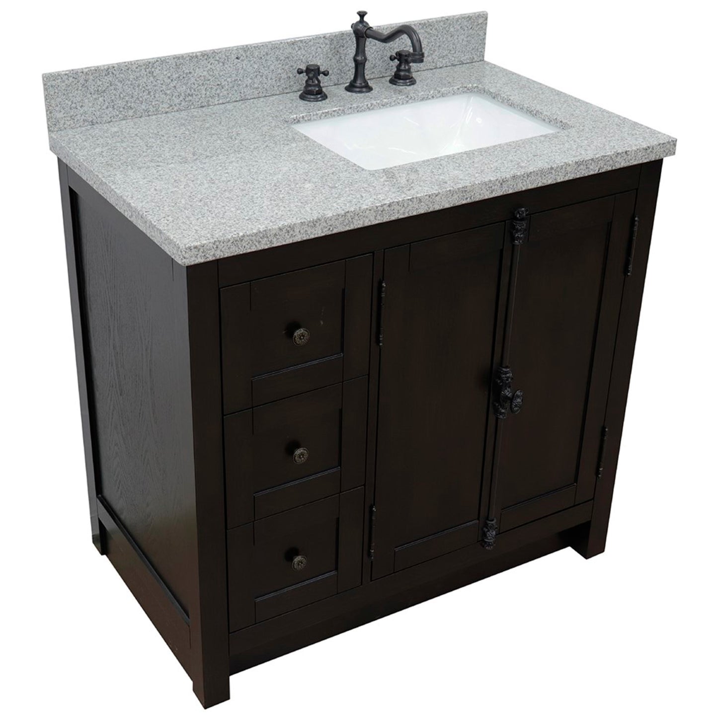 37 in. Single Vanity in Brown Ash Finish with Gray Granite Top and Rectangle Sink - Right Doors/Right Sink, Plantation Collection