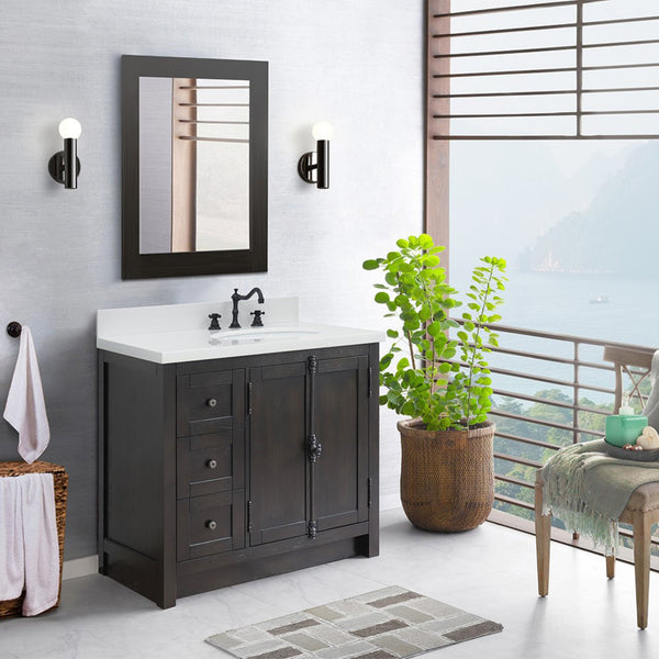 37 in. Single Vanity in Brown Ash Finish with White Quartz Top and Oval Sink - Right Doors/Right Sink, Plantation Collection