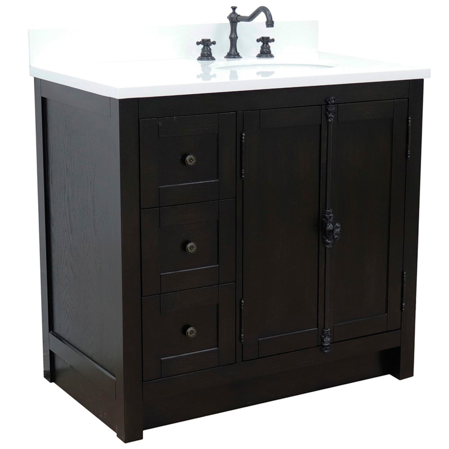 37 in. Single Vanity in Brown Ash Finish with White Quartz Top and Oval Sink - Right Doors/Right Sink, Plantation Collection