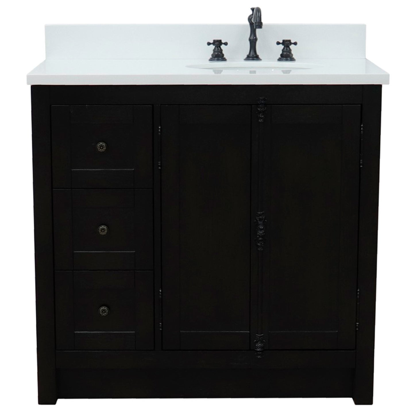 37 in. Single Vanity in Brown Ash Finish with White Quartz Top and Oval Sink - Right Doors/Right Sink, Plantation Collection