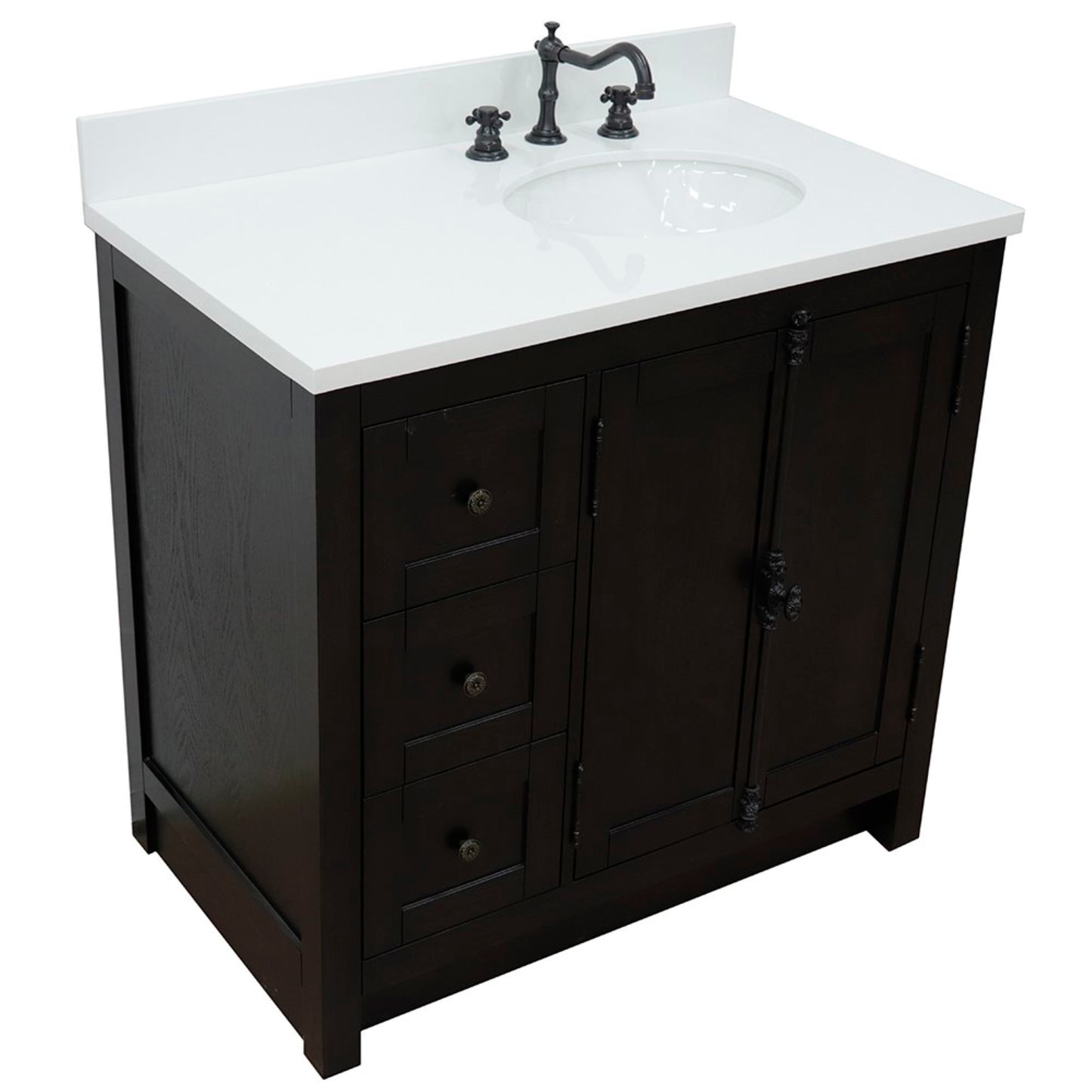 37 in. Single Vanity in Brown Ash Finish with White Quartz Top and Oval Sink - Right Doors/Right Sink, Plantation Collection