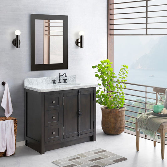 37 in. Single Vanity in Brown Ash Finish with White Carrara Top and Oval Sink - Right Doors/Right Sink, Plantation Collection