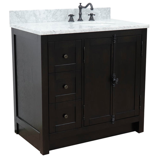 37 in. Single Vanity in Brown Ash Finish with White Carrara Top and Oval Sink - Right Doors/Right Sink, Plantation Collection