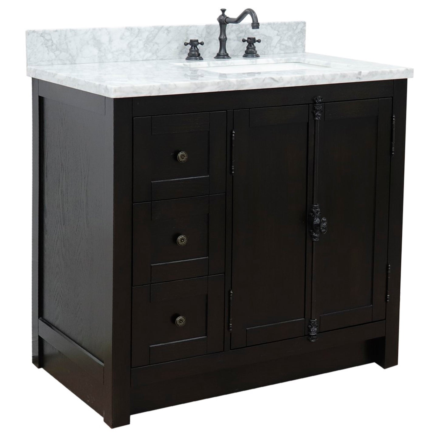 37 in. Single Vanity in Brown Ash Finish with White Carrara Top and Rectangle Sink - Right Doors/Right Sink, Plantation Collection