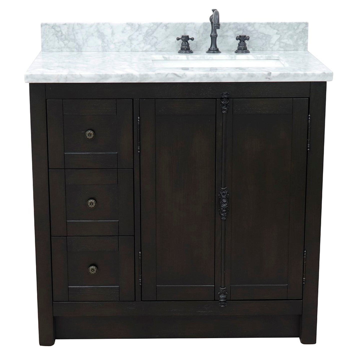 37 in. Single Vanity in Brown Ash Finish with White Carrara Top and Rectangle Sink - Right Doors/Right Sink, Plantation Collection