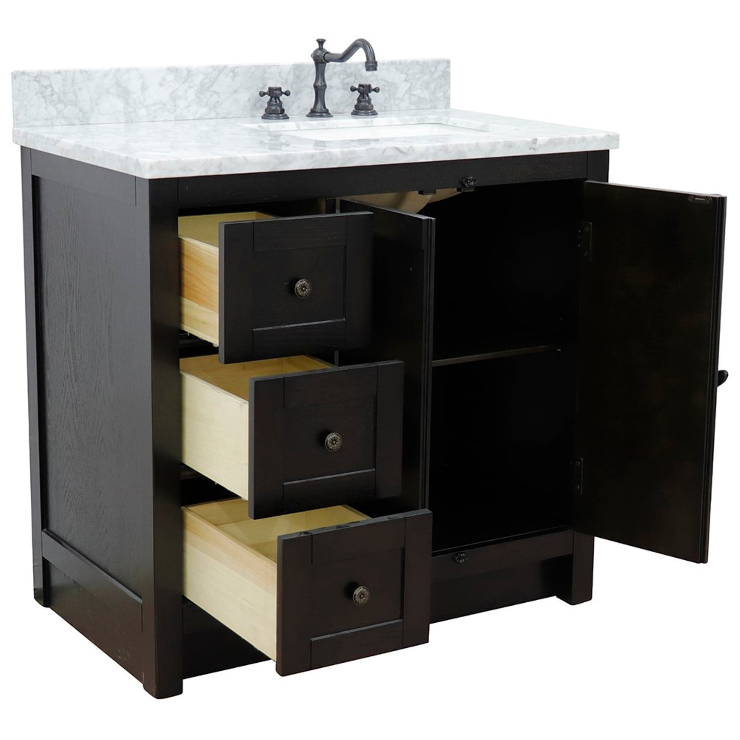 37 in. Single Vanity in Brown Ash Finish with White Carrara Top and Rectangle Sink - Right Doors/Right Sink, Plantation Collection