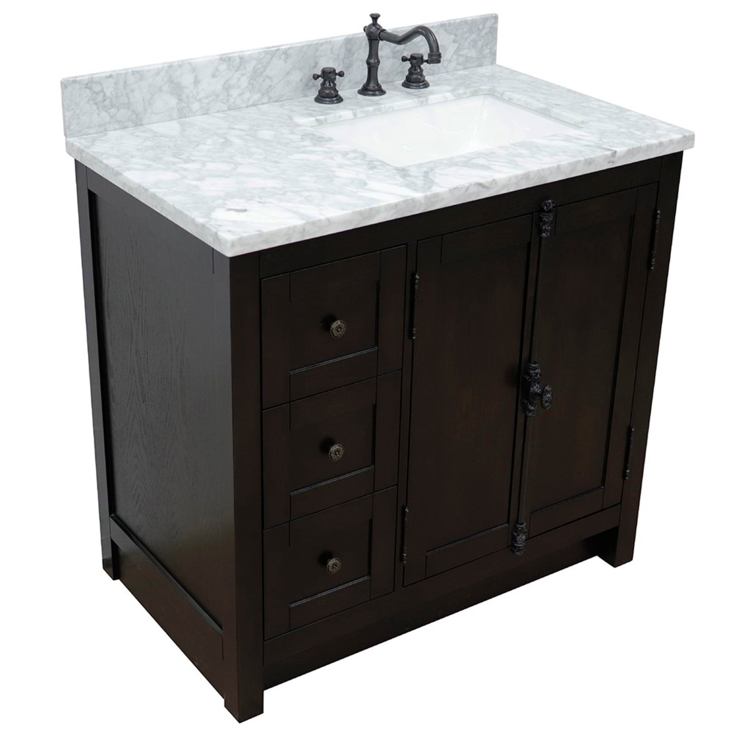 37 in. Single Vanity in Brown Ash Finish with White Carrara Top and Rectangle Sink - Right Doors/Right Sink, Plantation Collection