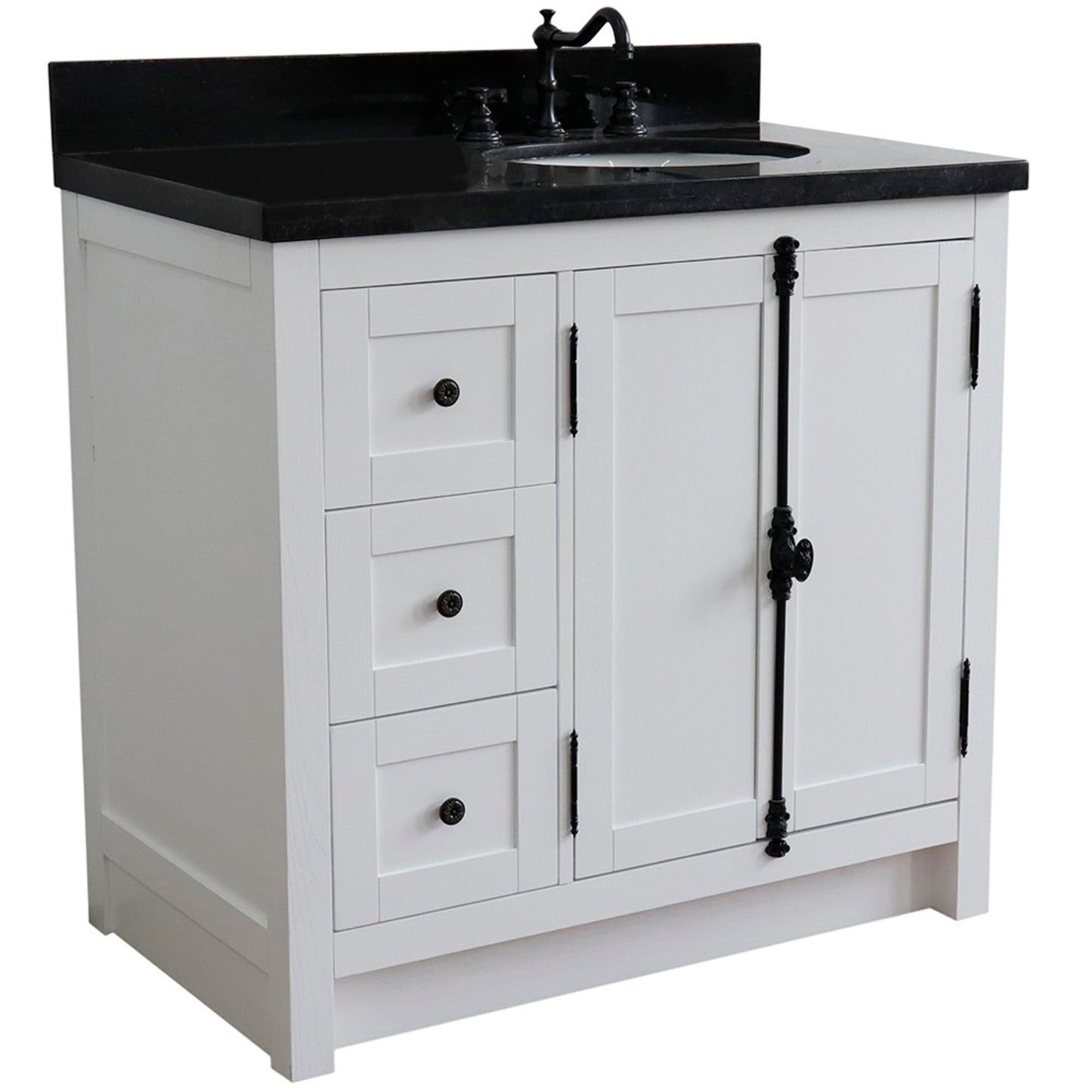 37 in. Single Vanity in Glacier Ash Finish with Black Galaxy Top and Oval Sink - Right Doors/Right Sink, Plantation Collection