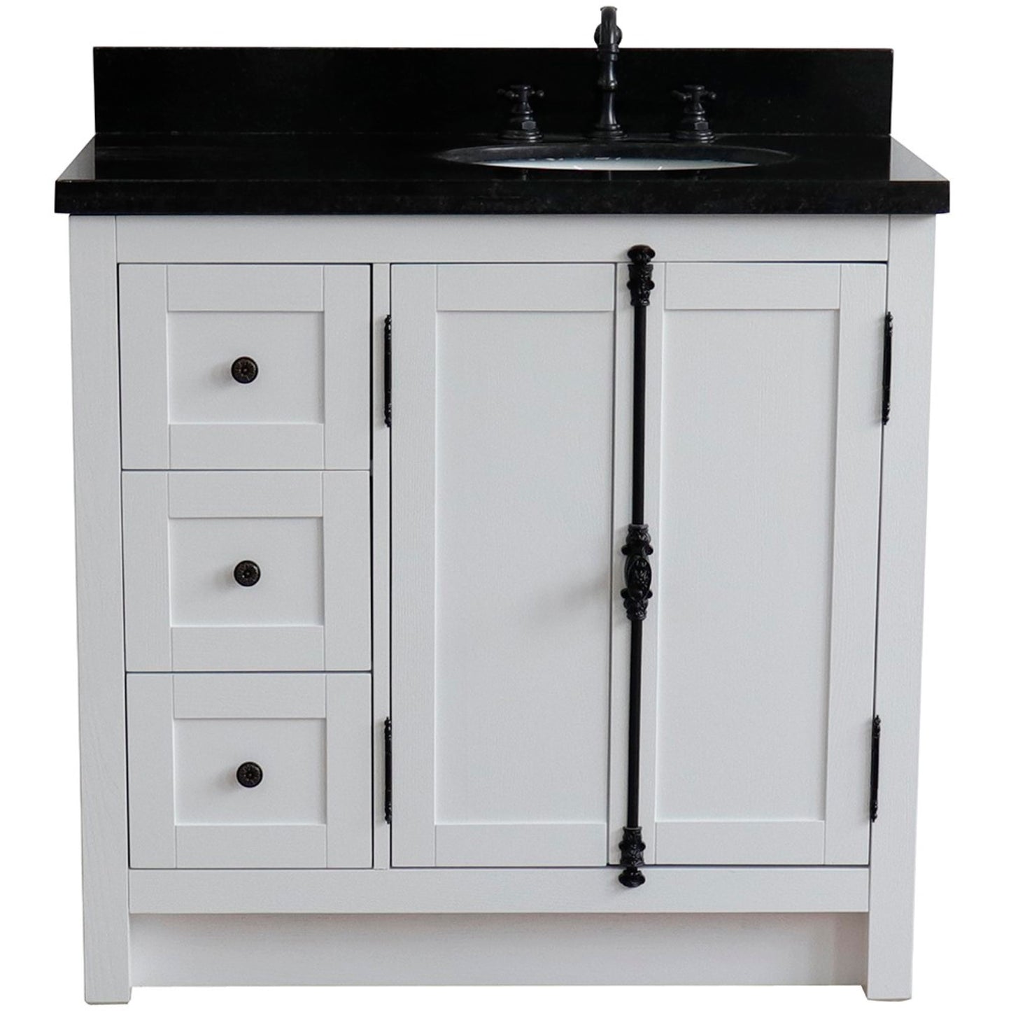 37 in. Single Vanity in Glacier Ash Finish with Black Galaxy Top and Oval Sink - Right Doors/Right Sink, Plantation Collection