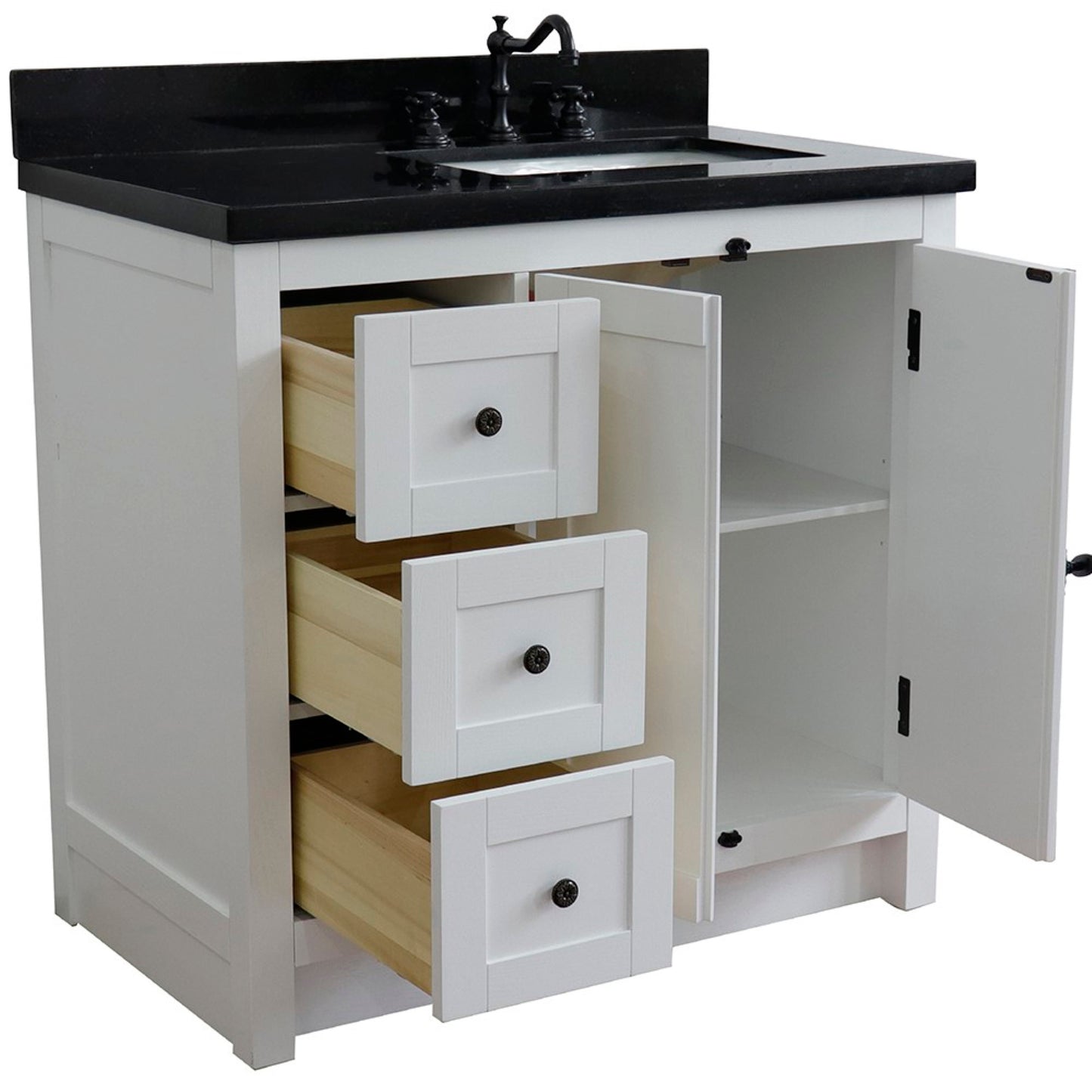 37 in. Single Vanity in Glacier Ash Finish with Black Galaxy Top and Rectangle Sink - Right Doors/Right Sink, Plantation Collection