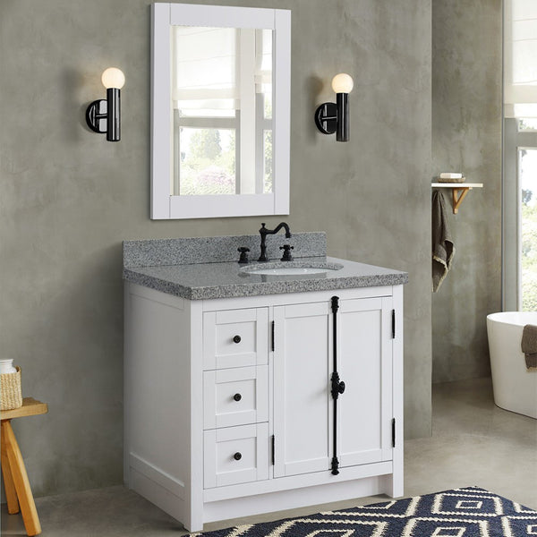 37 in. Single Vanity in Glacier Ash Finish with Gray Granite Top and Oval Sink - Right Doors/Right Sink, Plantation Collection