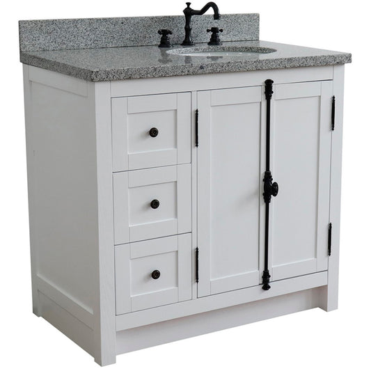 37 in. Single Vanity in Glacier Ash Finish with Gray Granite Top and Oval Sink - Right Doors/Right Sink, Plantation Collection