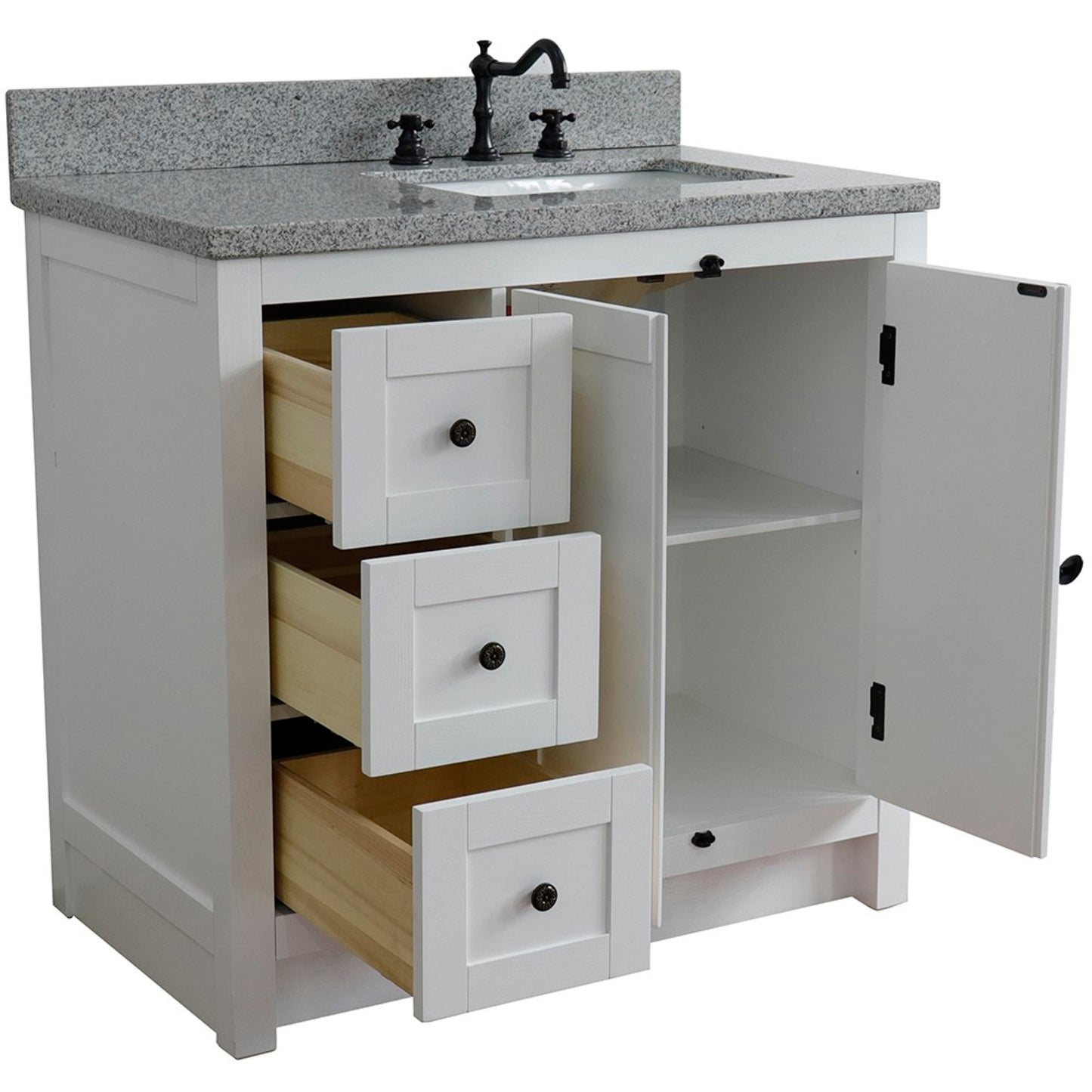 37 in. Single Vanity in Glacier Ash Finish with Gray Granite Top and Rectangle Sink - Right Doors/Right Sink, Plantation Collection