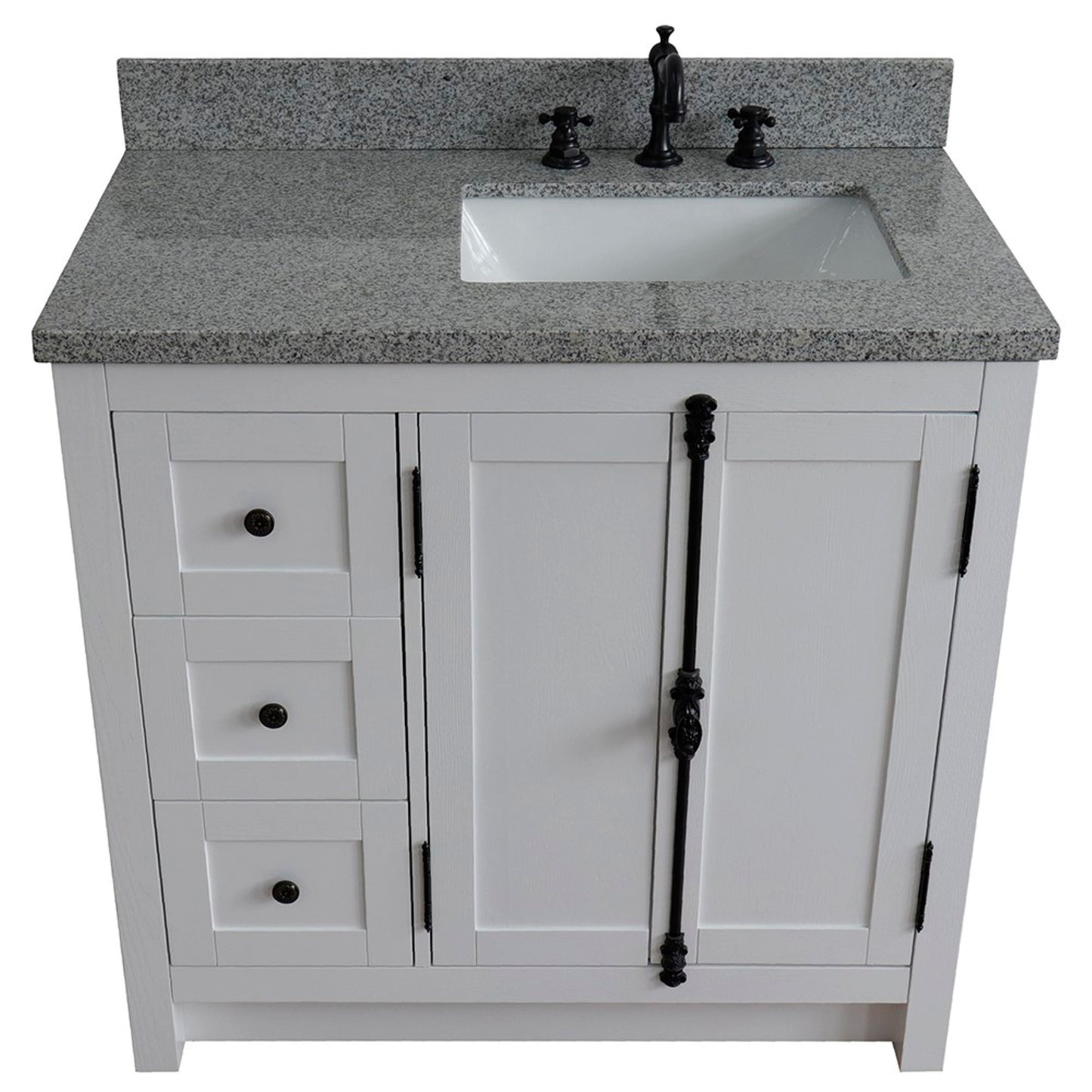 37 in. Single Vanity in Glacier Ash Finish with Gray Granite Top and Rectangle Sink - Right Doors/Right Sink, Plantation Collection