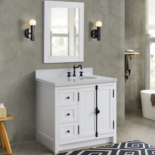 37 in. Single Vanity in Glacier Ash Finish with White Quartz Top and Oval Sink - Right Doors/Right Sink, Plantation Collection