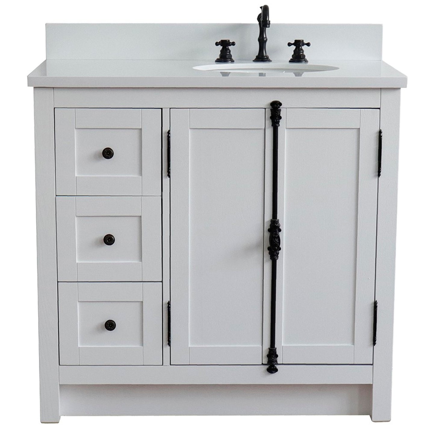 37 in. Single Vanity in Glacier Ash Finish with White Quartz Top and Oval Sink - Right Doors/Right Sink, Plantation Collection