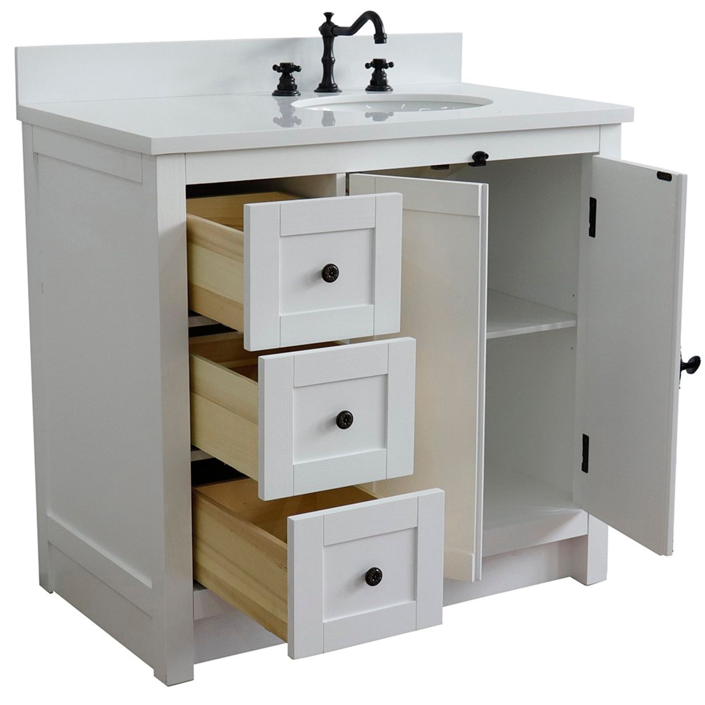 37 in. Single Vanity in Glacier Ash Finish with White Quartz Top and Oval Sink - Right Doors/Right Sink, Plantation Collection