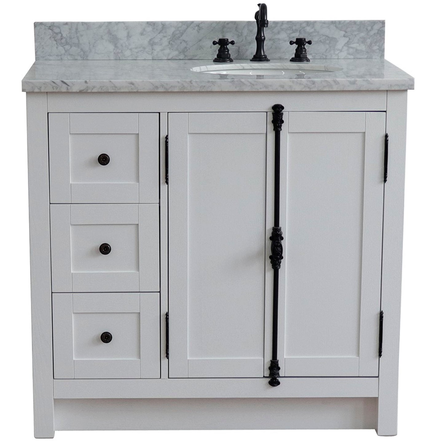 37 in. Single Vanity in Glacier Ash Finish with White Carrara Top and Oval Sink - Right Doors/Right Sink, Plantation Collection