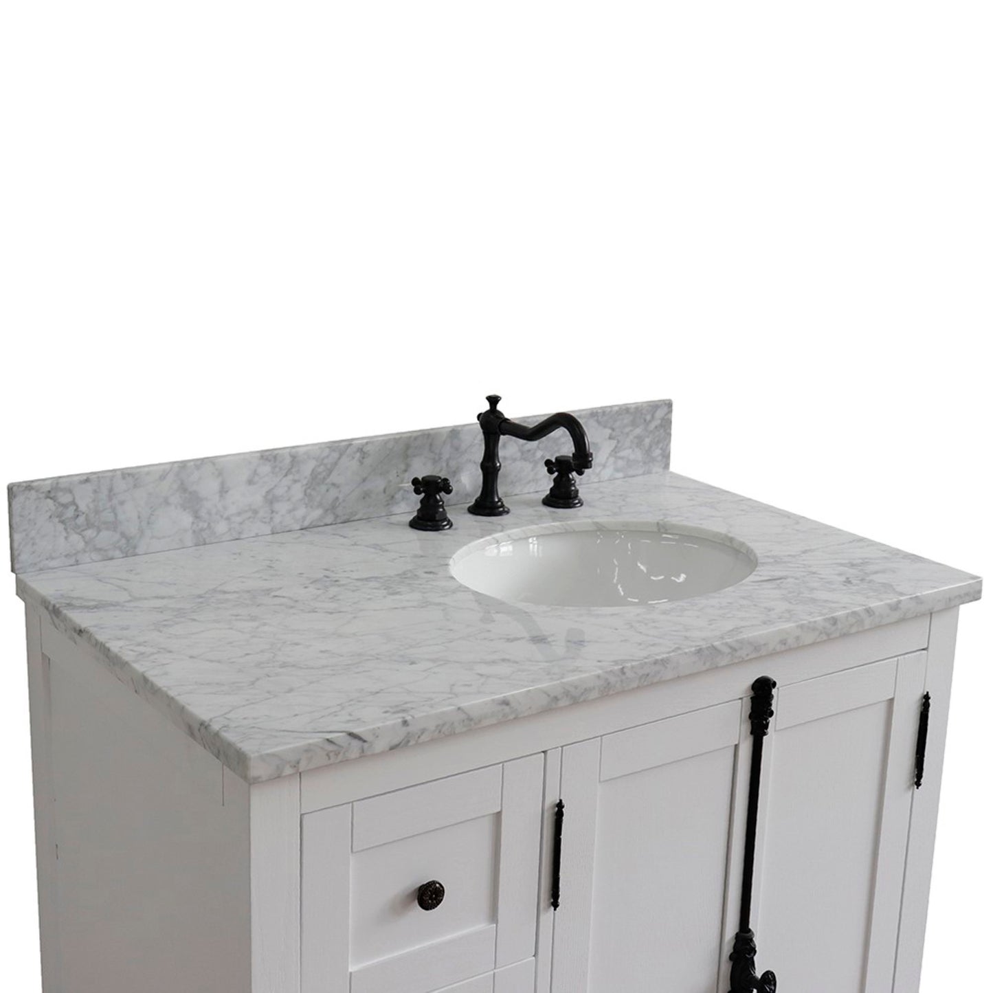 37 in. Single Vanity in Glacier Ash Finish with White Carrara Top and Oval Sink - Right Doors/Right Sink, Plantation Collection