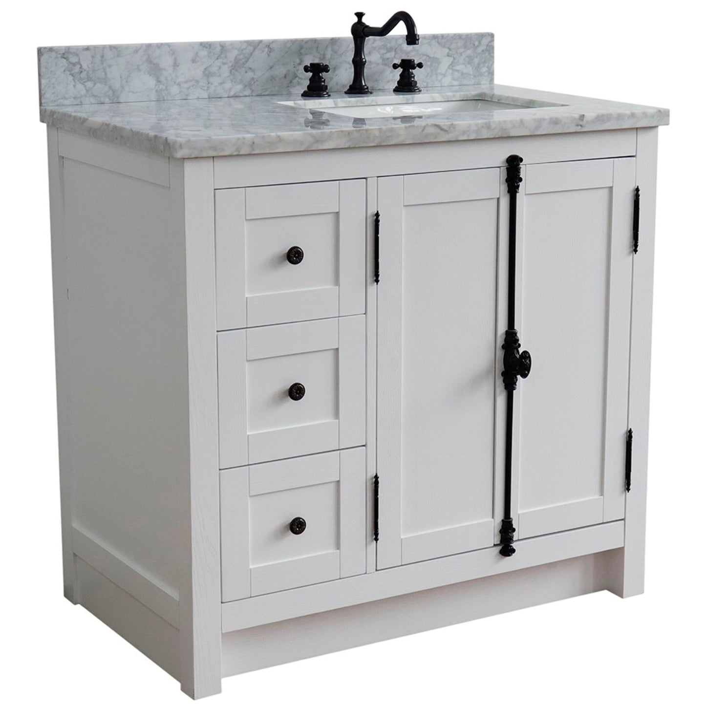 37 in. Single Vanity in Glacier Ash Finish with White Carrara Top and Rectangle Sink - Right Doors/Right Sink, Plantation Collection