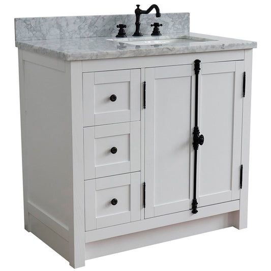 37 in. Single Vanity in Glacier Ash Finish with White Carrara Top and Rectangle Sink - Right Doors/Right Sink, Plantation Collection