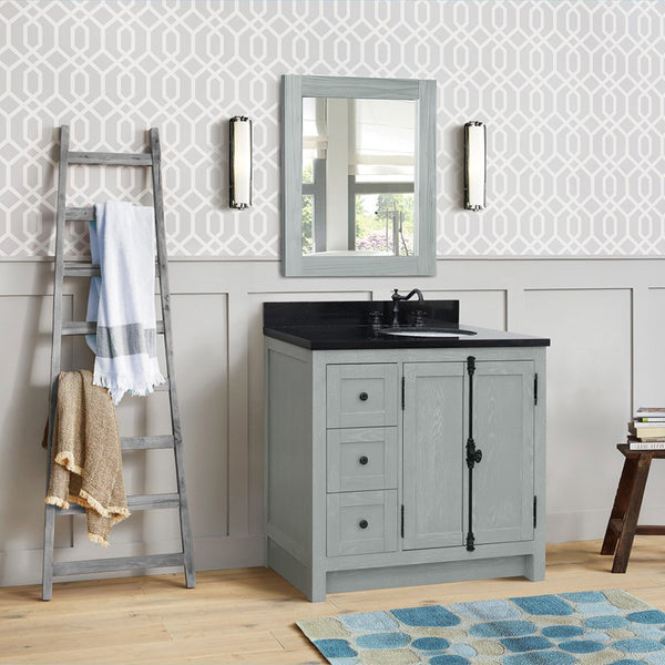 37 in. Single Vanity in Gray Ash Finish with Black Galaxy Top and Oval Sink - Right Doors/Right Sink, Plantation Collection