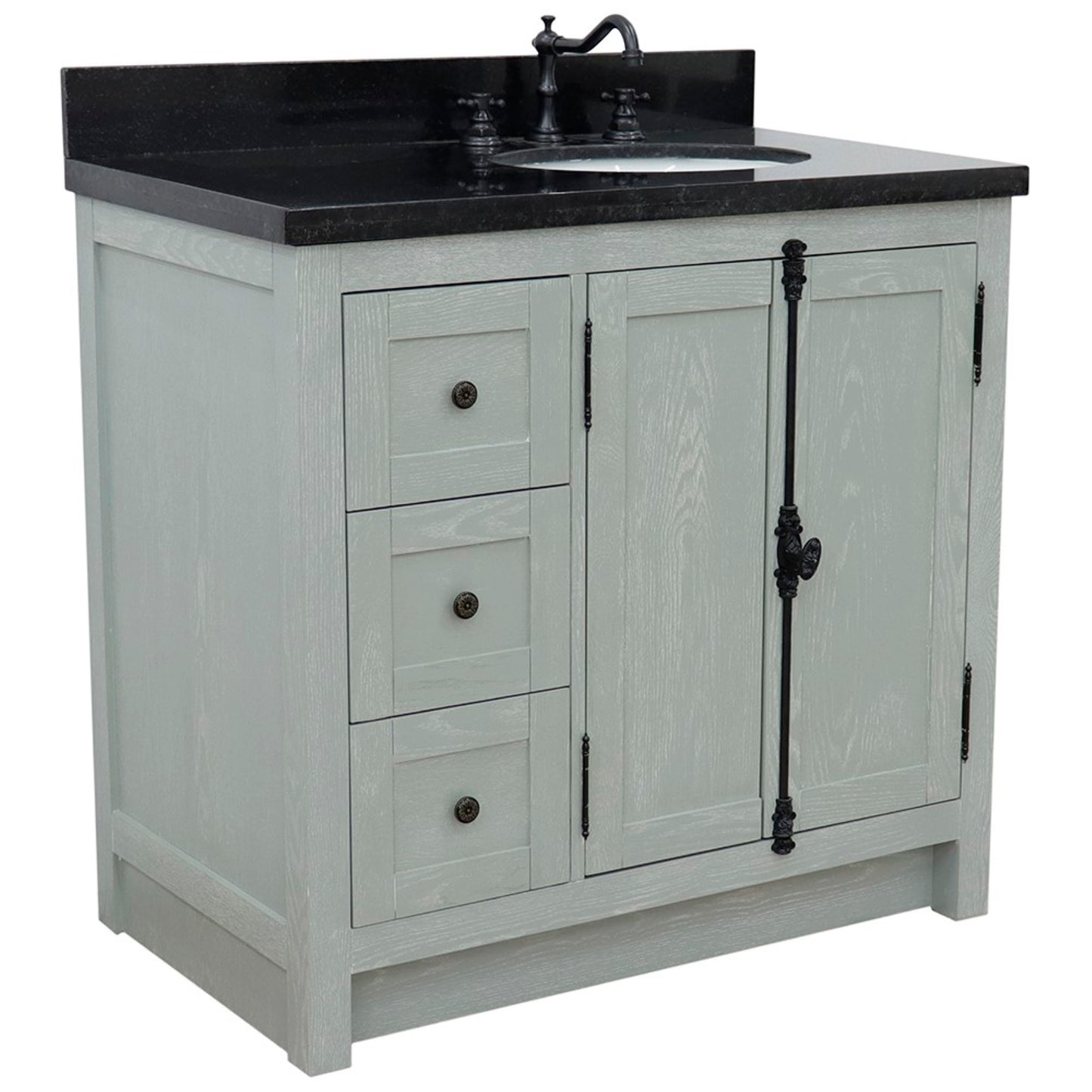 37 in. Single Vanity in Gray Ash Finish with Black Galaxy Top and Oval Sink - Right Doors/Right Sink, Plantation Collection