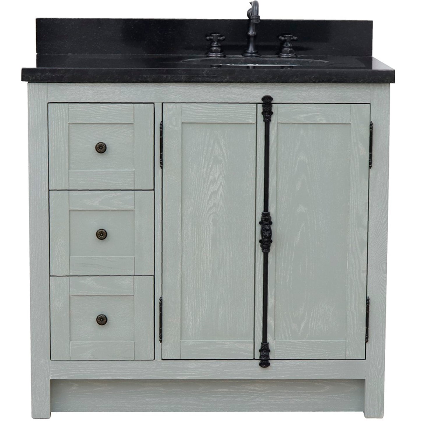 37 in. Single Vanity in Gray Ash Finish with Black Galaxy Top and Oval Sink - Right Doors/Right Sink, Plantation Collection