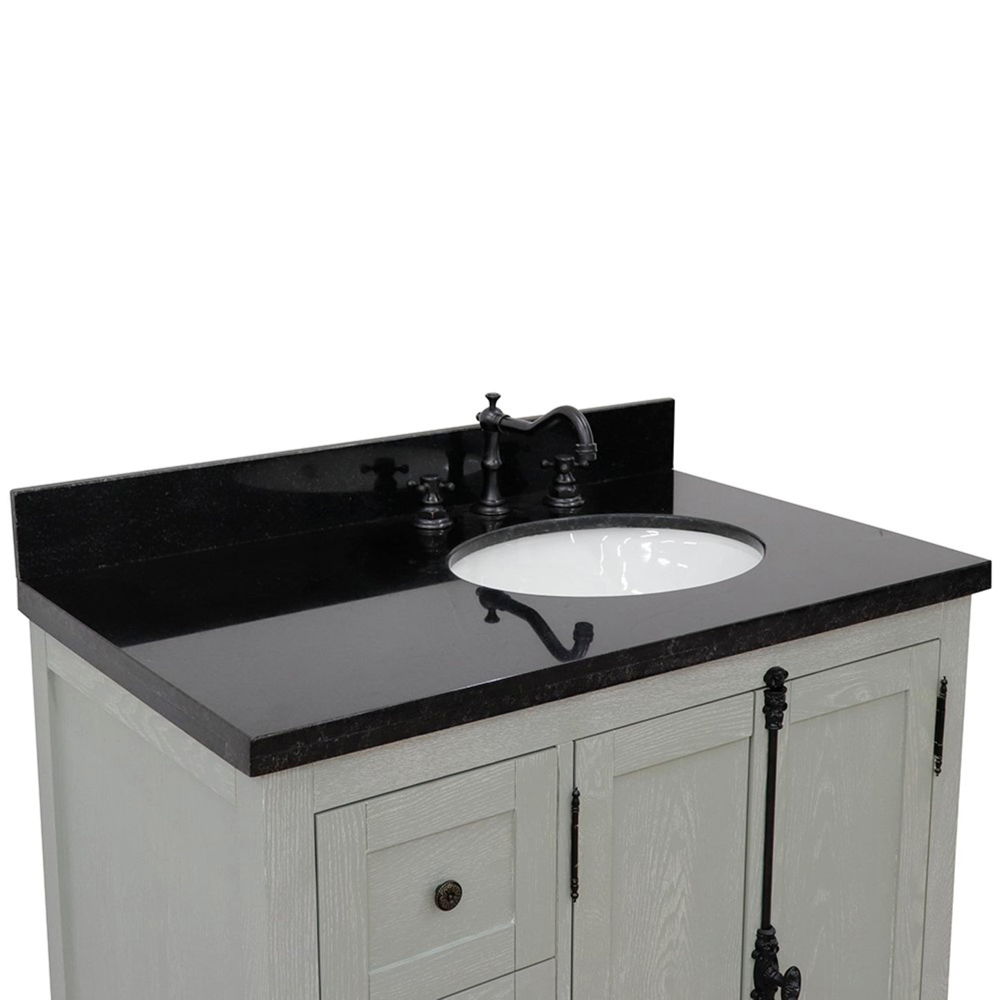 37 in. Single Vanity in Gray Ash Finish with Black Galaxy Top and Oval Sink - Right Doors/Right Sink, Plantation Collection