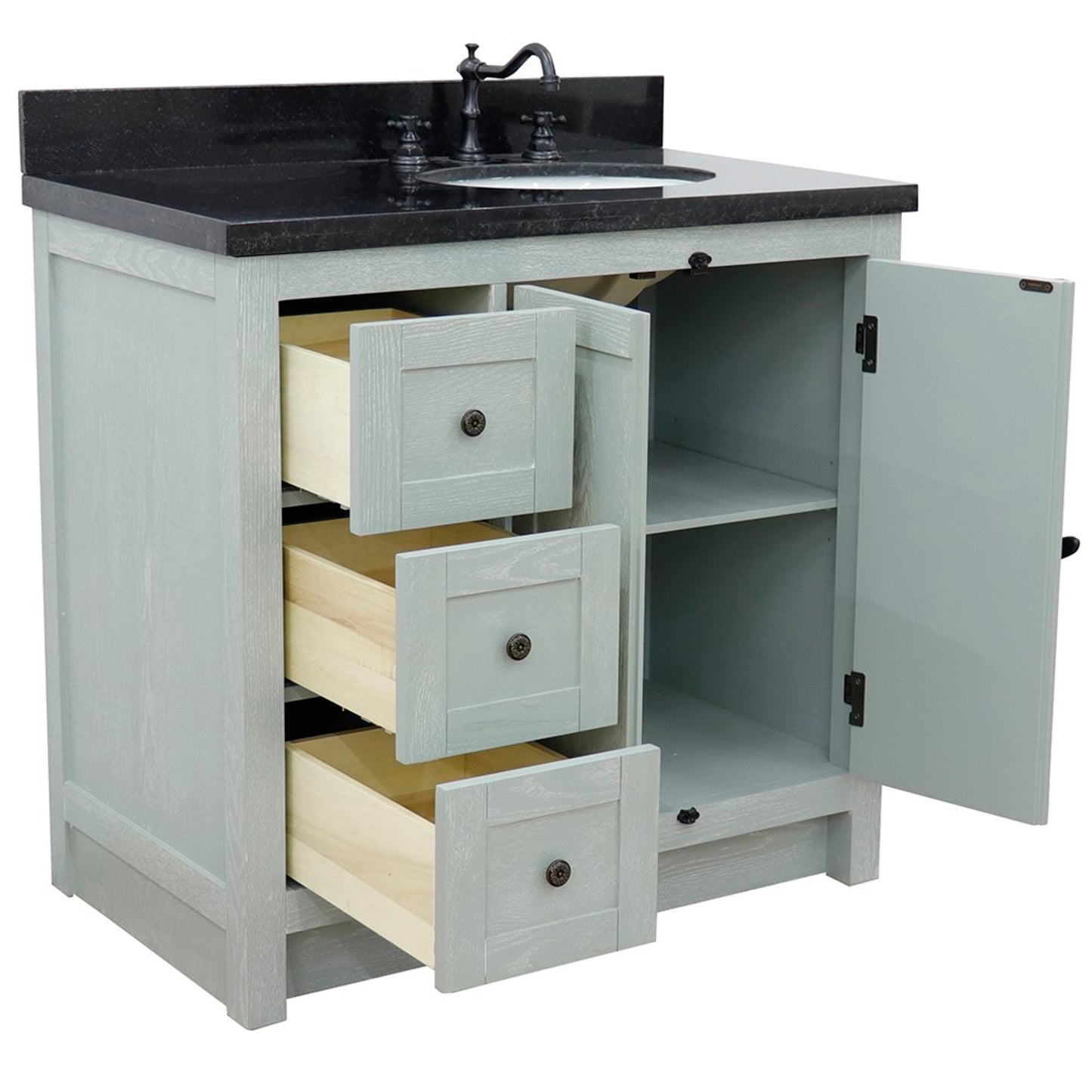 37 in. Single Vanity in Gray Ash Finish with Black Galaxy Top and Oval Sink - Right Doors/Right Sink, Plantation Collection