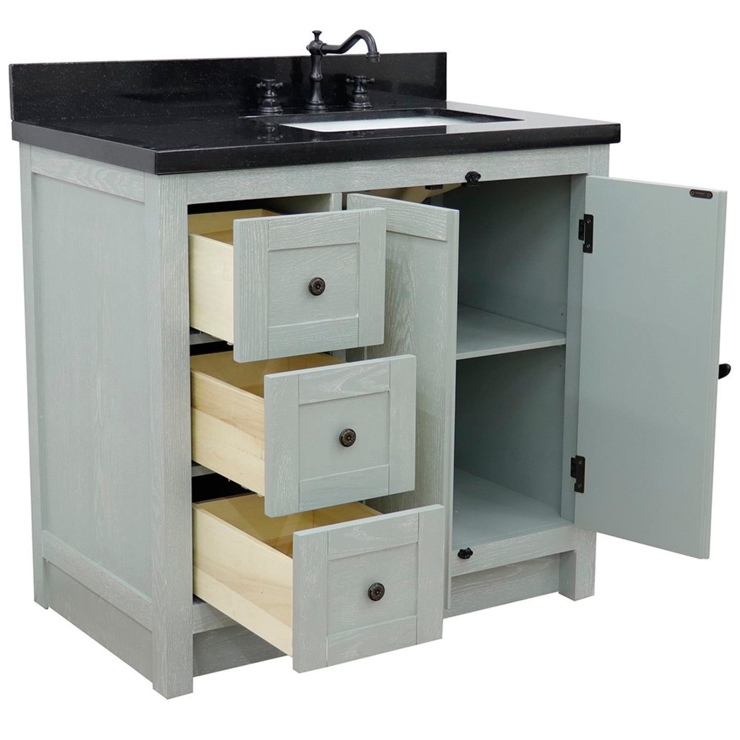 37 in. Single Vanity in Gray Ash Finish with Black Galaxy Top and Rectangle Sink - Right Doors/Right Sink, Plantation Collection