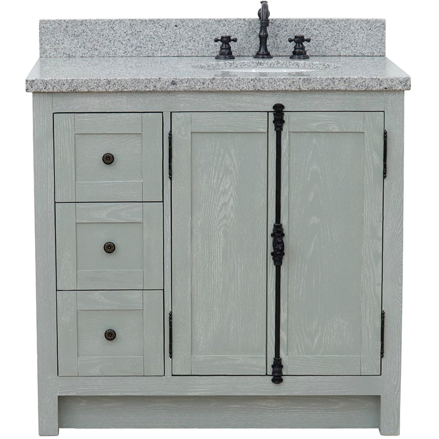 37 in. Single Vanity in Gray Ash Finish with Gray Granite Top and Oval Sink - Right Doors/Right Sink, Plantation Collection